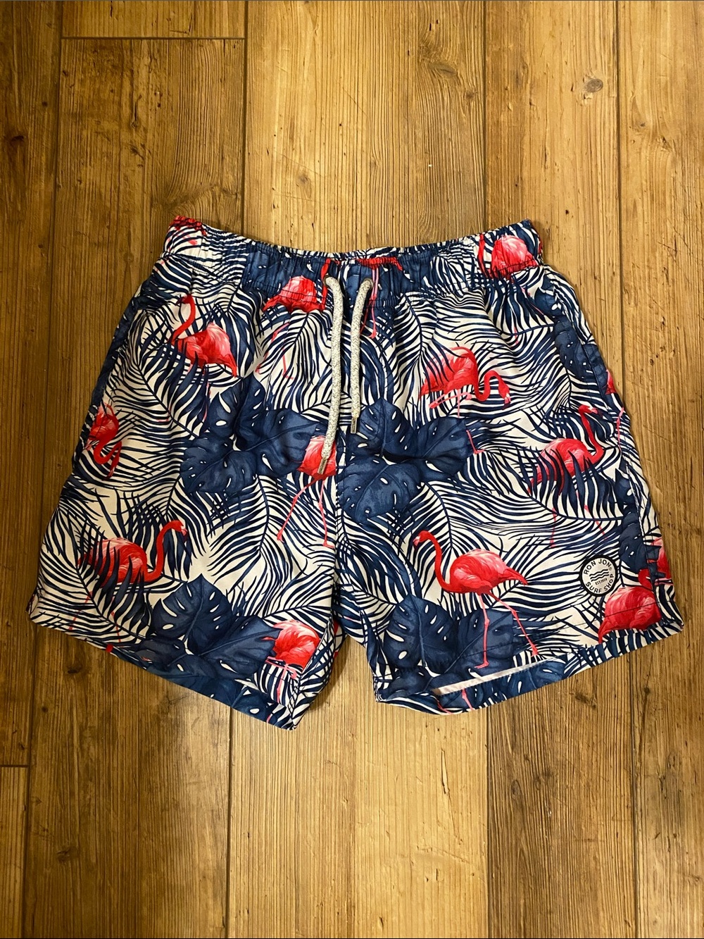 Ron Jon Surf Shop Men's Blue Tropical Flamingo Swim Trunks Size M 5”